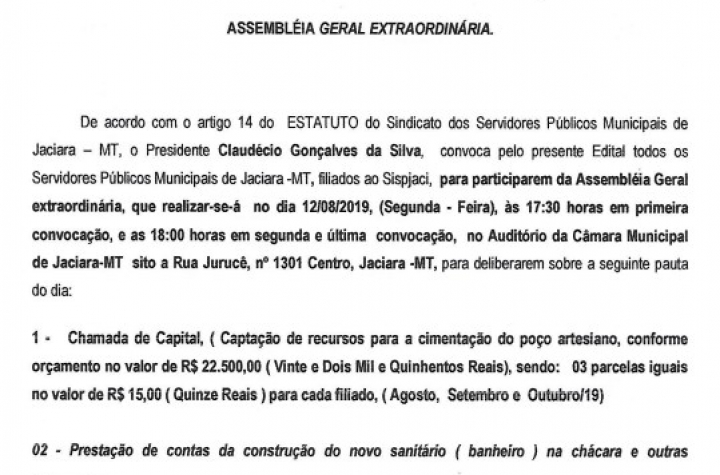 Sindicato convoca filiados para Assembleia Geral Extraordinria